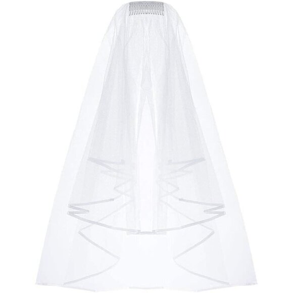 ZIYAN White Double Ribbon Bridal Wedding Veil with Comb - Picture 1 of 5